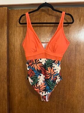 Girls' Orange Tropical Print One-Piece Swimsuit